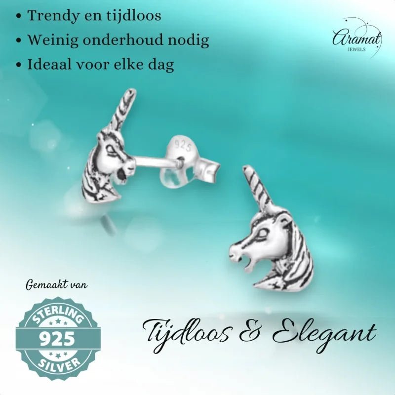 Zilveren Unicorn Oorbellen geoxideerd- Cadeau Tip -