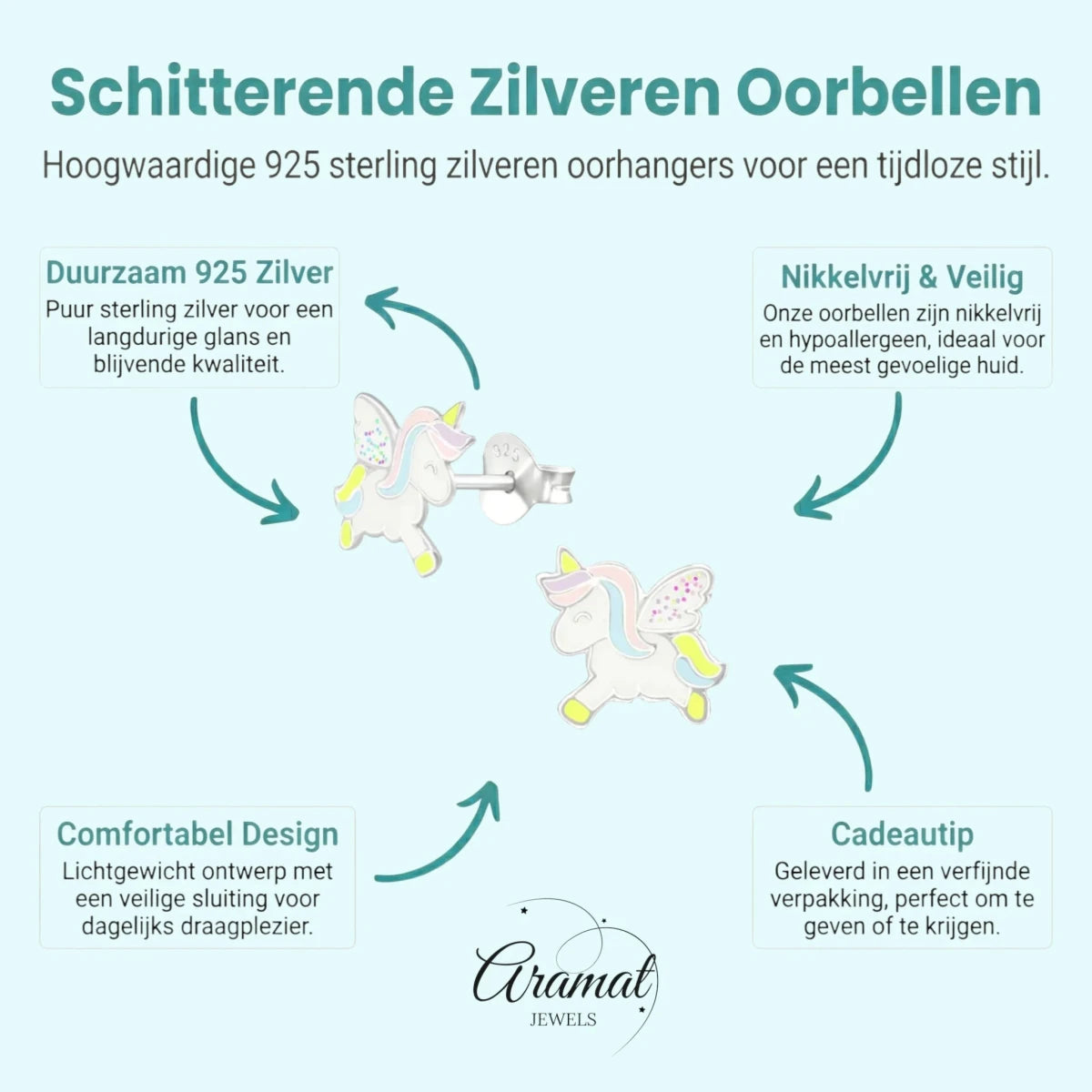 Zilveren Eenhoorn Oorbellen - Unicorn oorstekers -