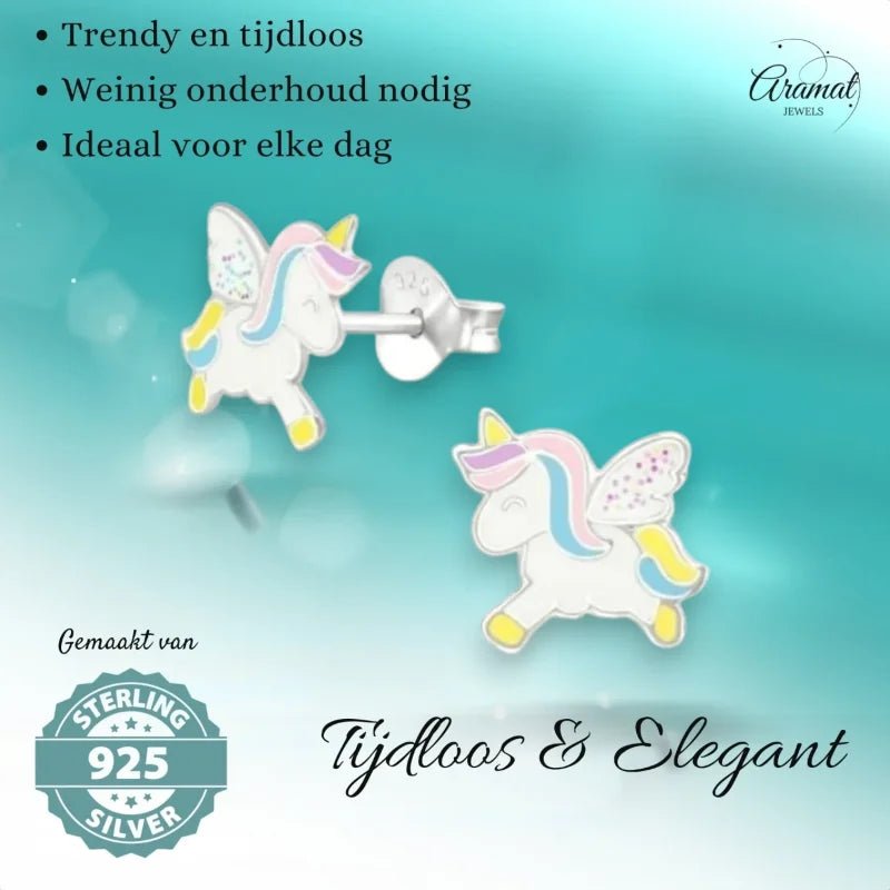 Zilveren Eenhoorn Oorbellen - Unicorn oorstekers -