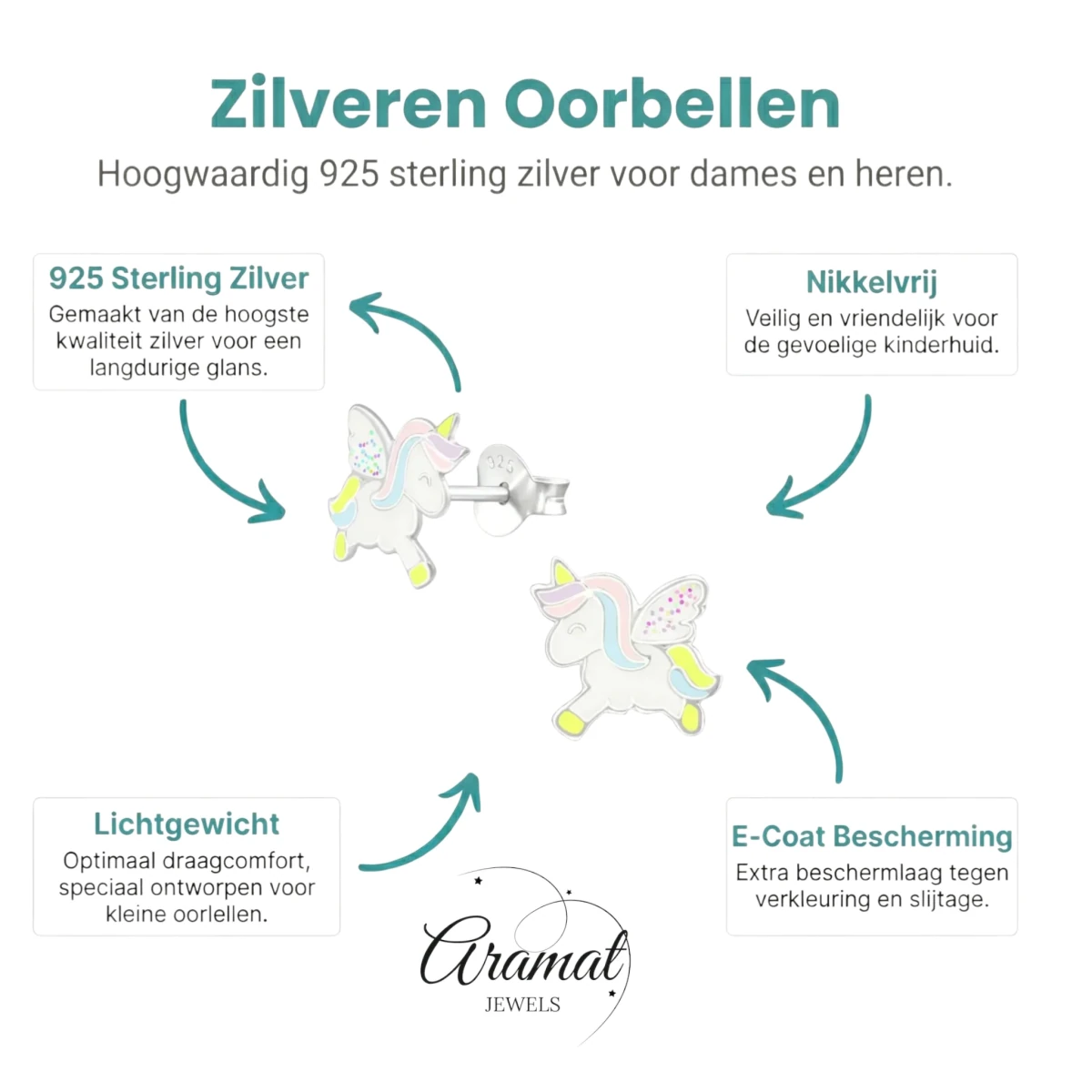 Zilveren Eenhoorn Oorbellen - Unicorn oorstekers -