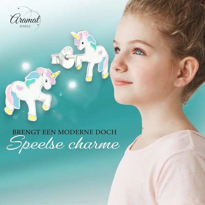 Zilveren Eenhoorn Oorbellen - Kleurrijk Cadeau Meisje -