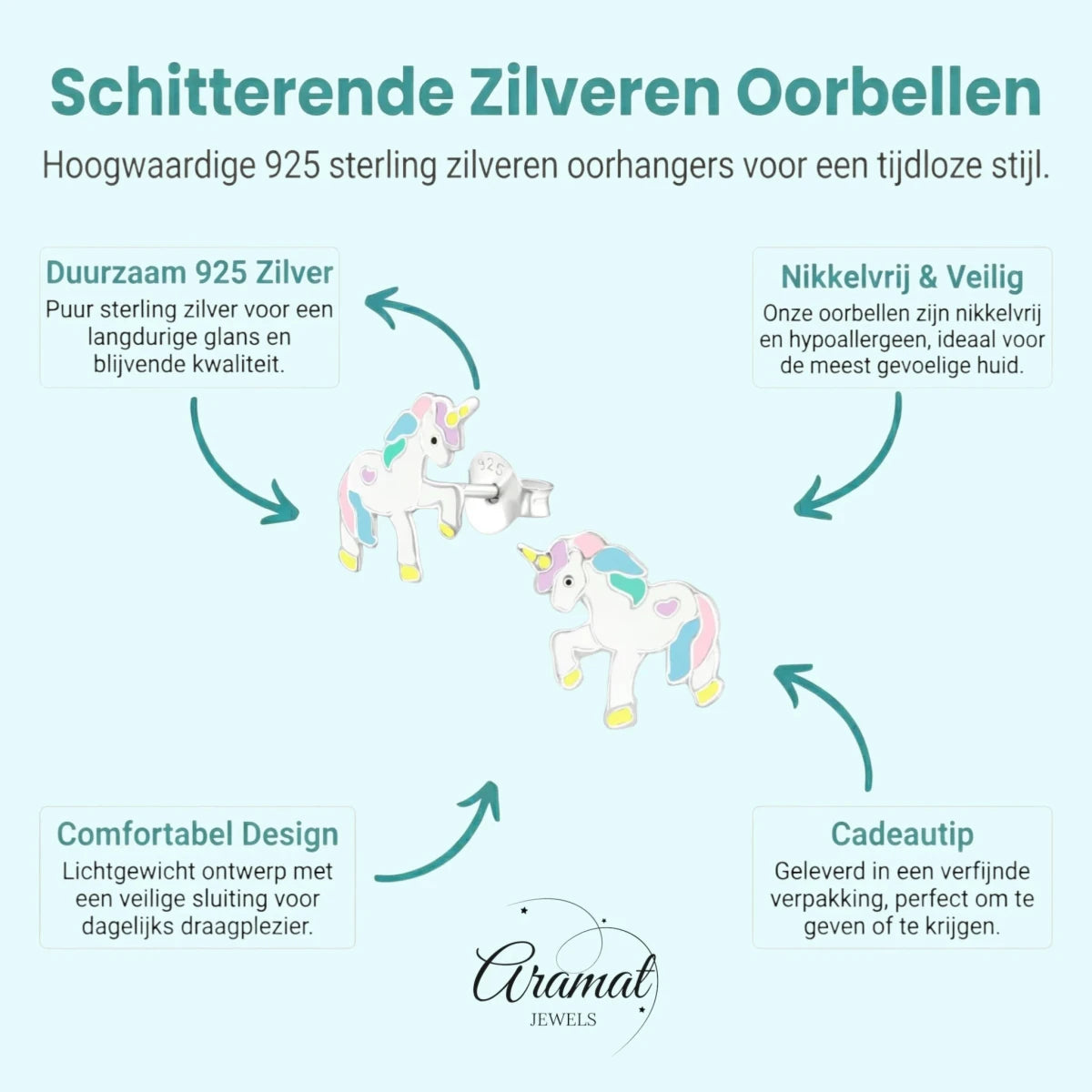 Zilveren Eenhoorn Oorbellen - Kleurrijk Cadeau Meisje -