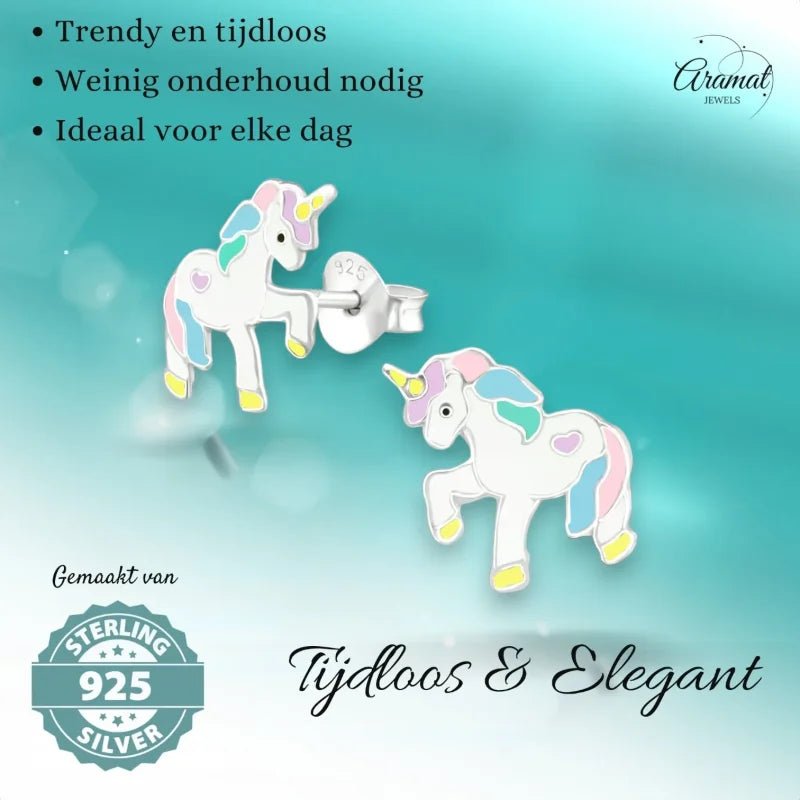 Zilveren Eenhoorn Oorbellen - Kleurrijk Cadeau Meisje -