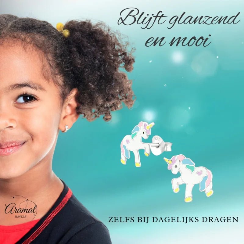 Zilveren Eenhoorn Oorbellen - Kleurrijk Cadeau Meisje -