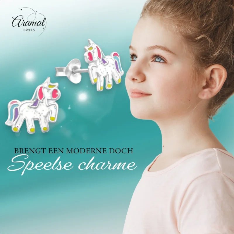 Zilveren Eenhoorn Oorbellen - Glitter Cadeautje Meisje -
