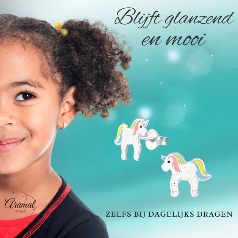 Kinderoorbellen Zilver - Eenhoorn Pastelkleuren -