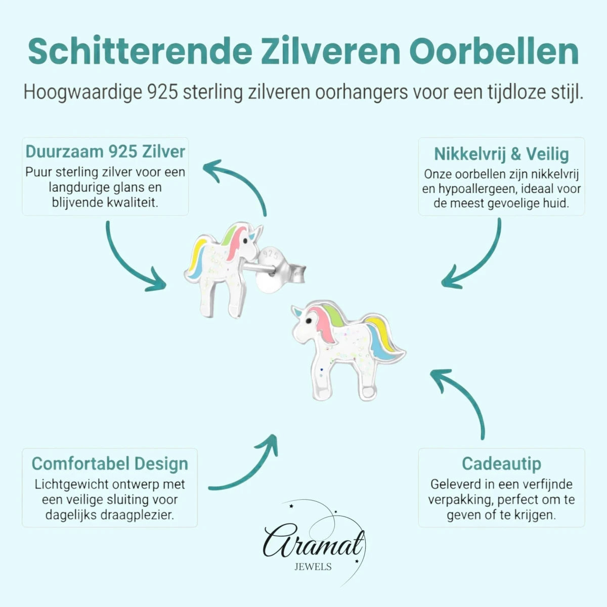 Kinderoorbellen Zilver - Eenhoorn Pastelkleuren -