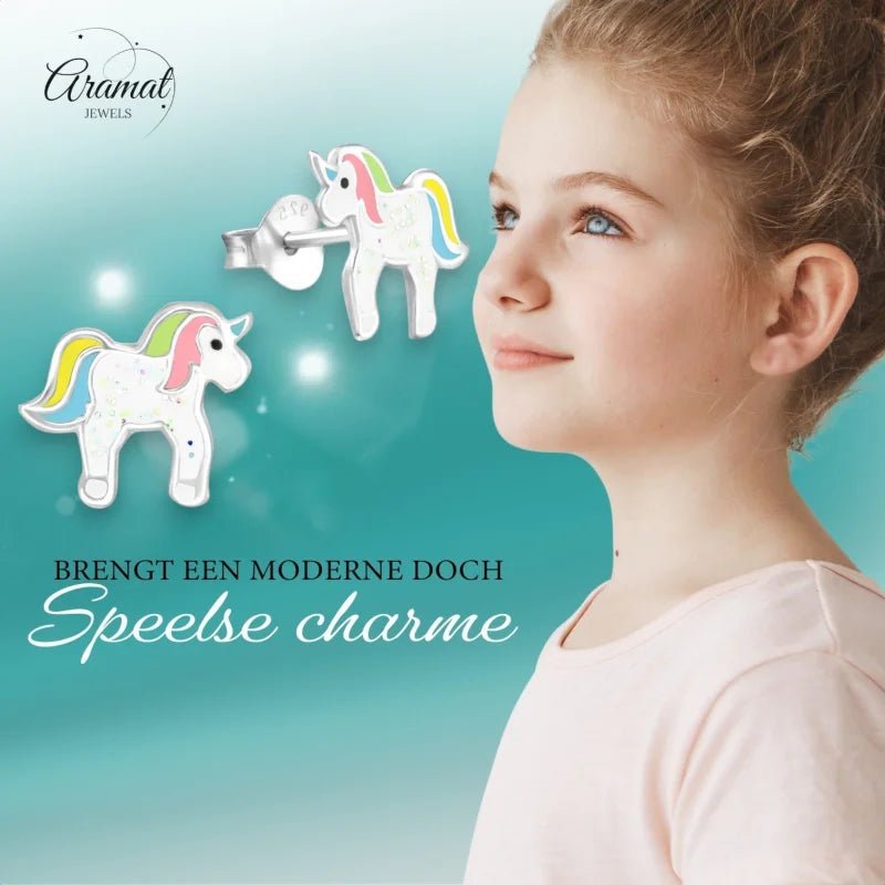 Kinderoorbellen Zilver - Eenhoorn Pastelkleuren -