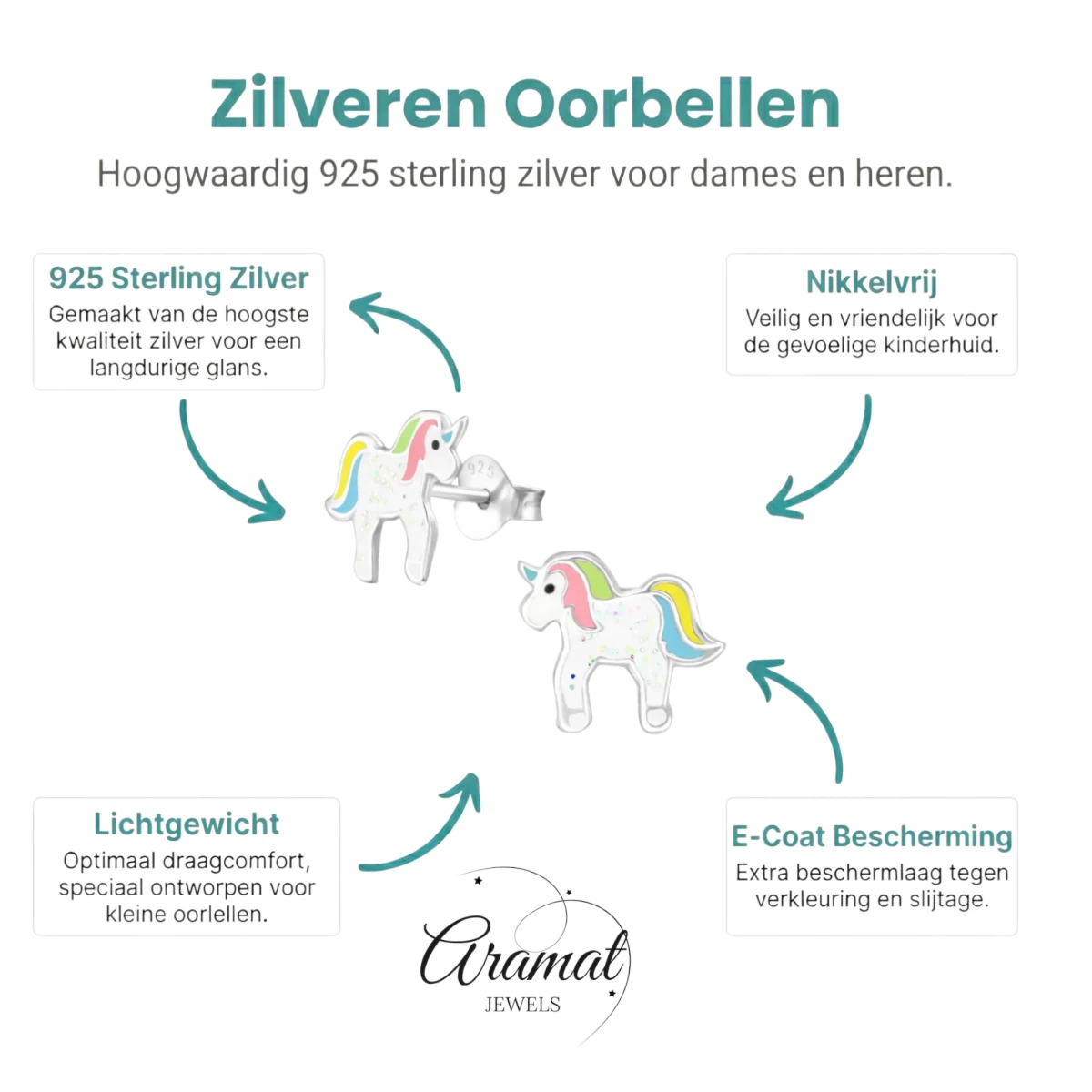 Kinderoorbellen Zilver - Eenhoorn Pastelkleuren -