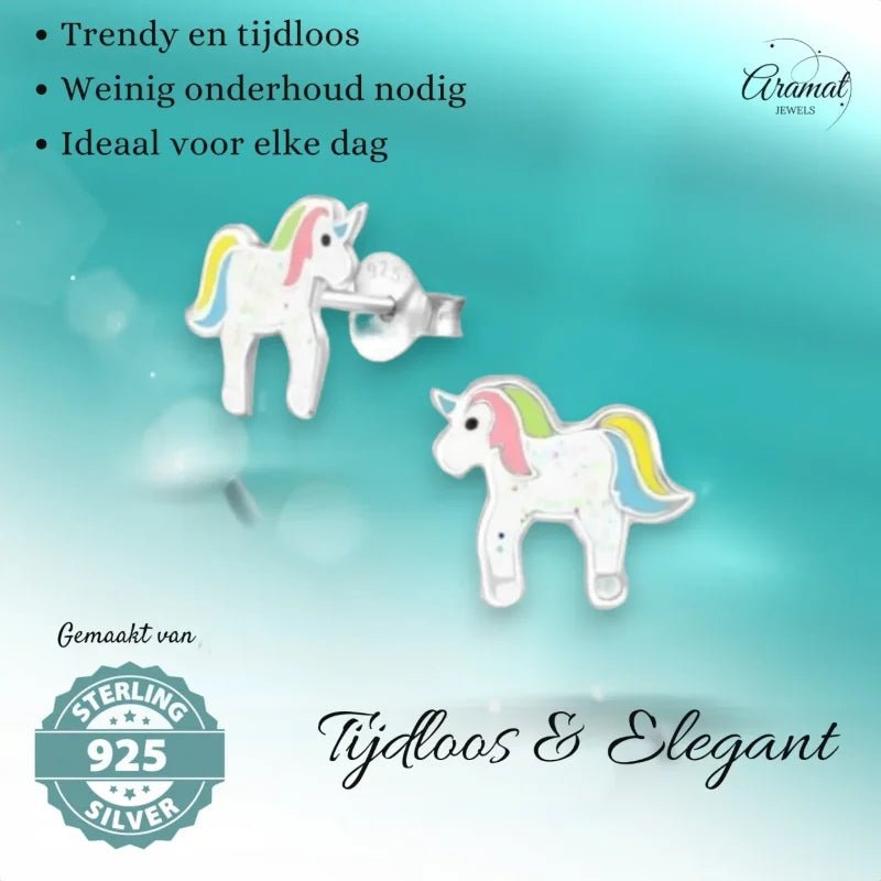 Kinderoorbellen Zilver - Eenhoorn Pastelkleuren -