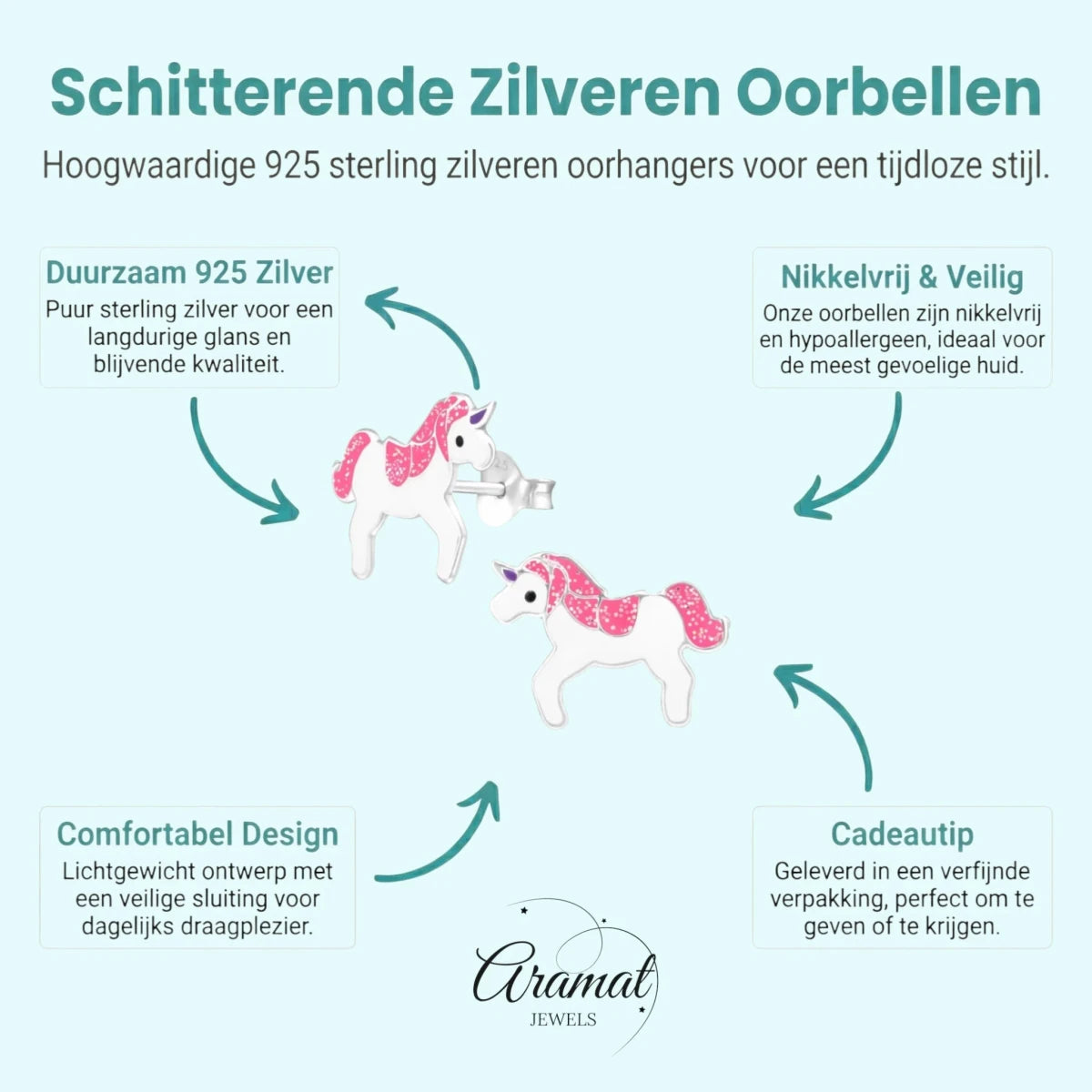 Zilveren Eenhoorn Oorbellen - Kinderoorbellen Cadeau -