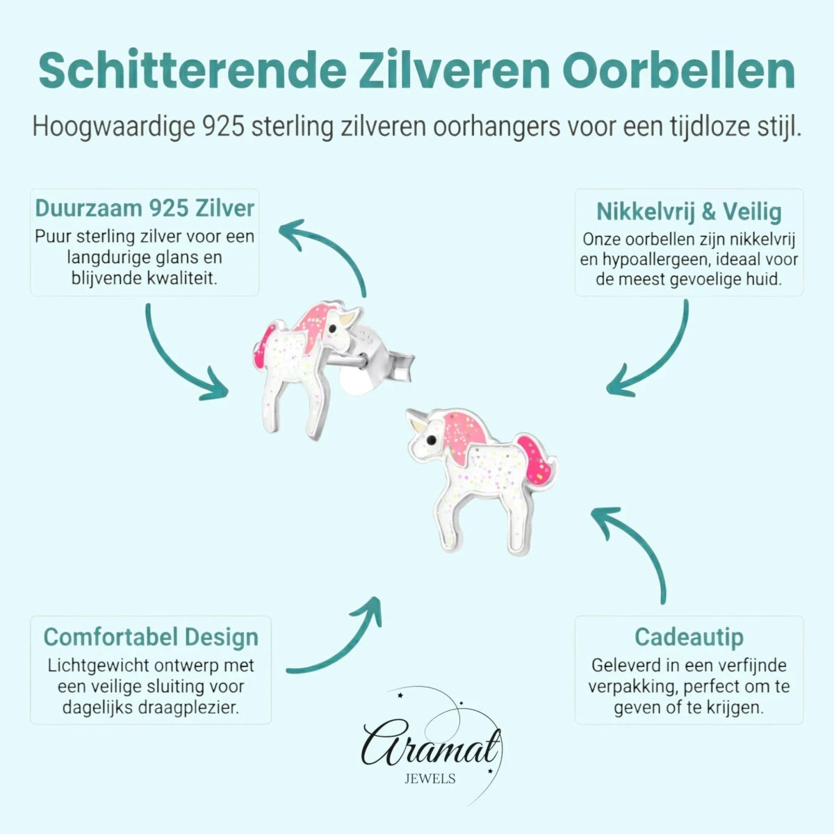 Zilveren Eenhoorn Oorbellen - Glitter Cadeau Meisje -