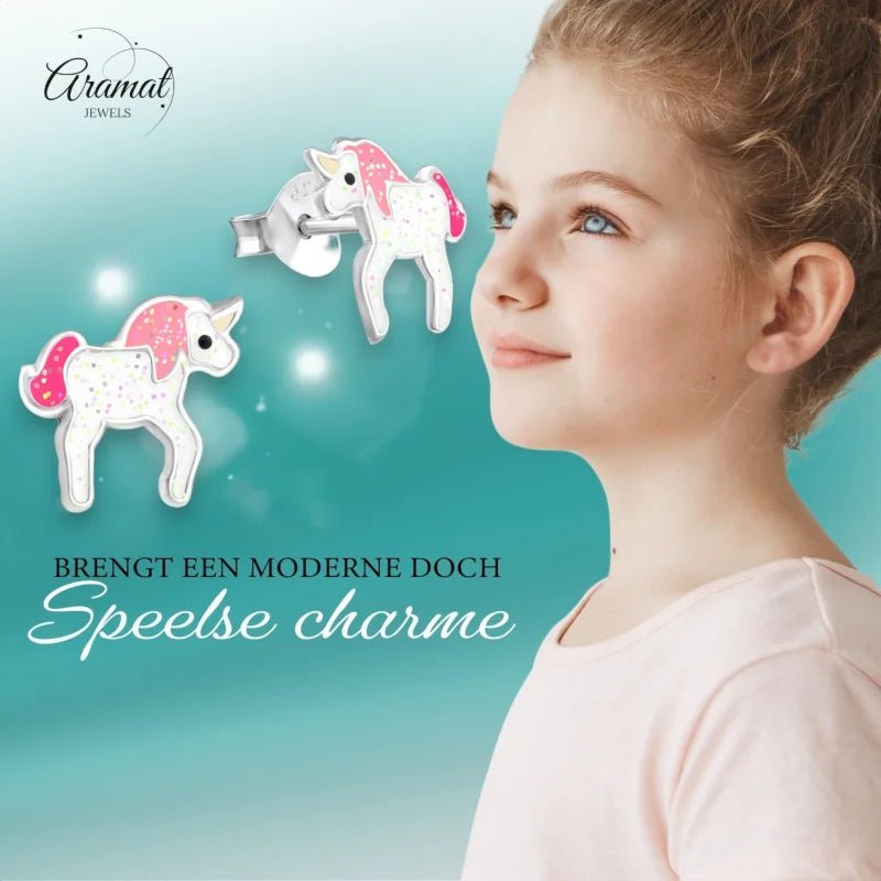Zilveren Eenhoorn Oorbellen - Glitter Cadeau Meisje -