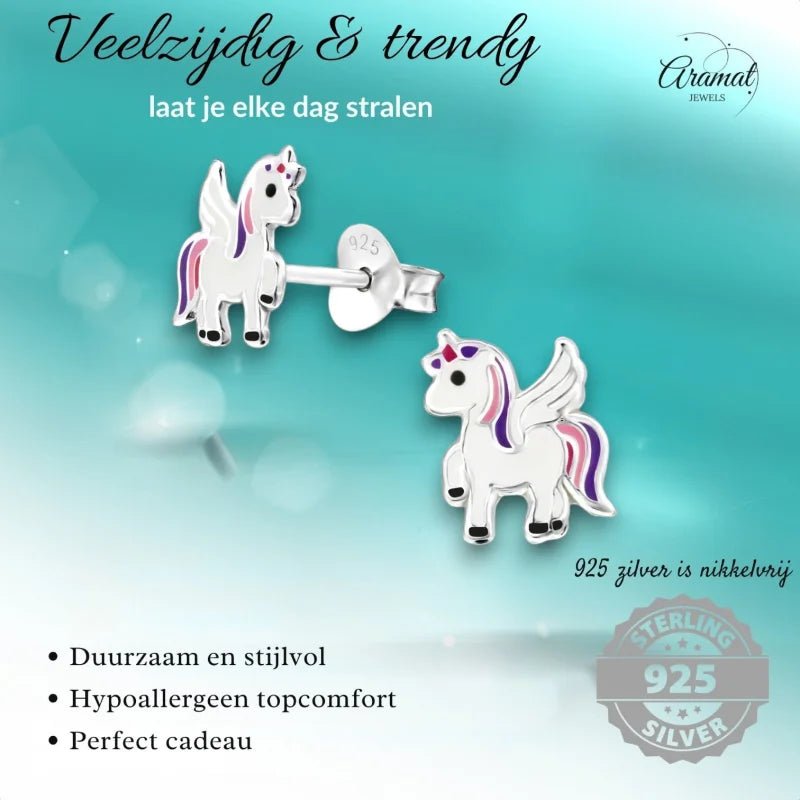 Zilveren Eenhoorn Oorbellen - Trendy Geschenk Meisje -