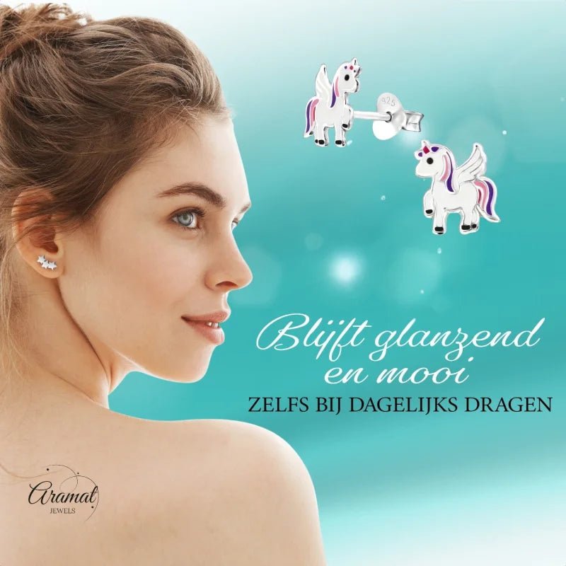 Zilveren Eenhoorn Oorbellen - Trendy Geschenk Meisje -