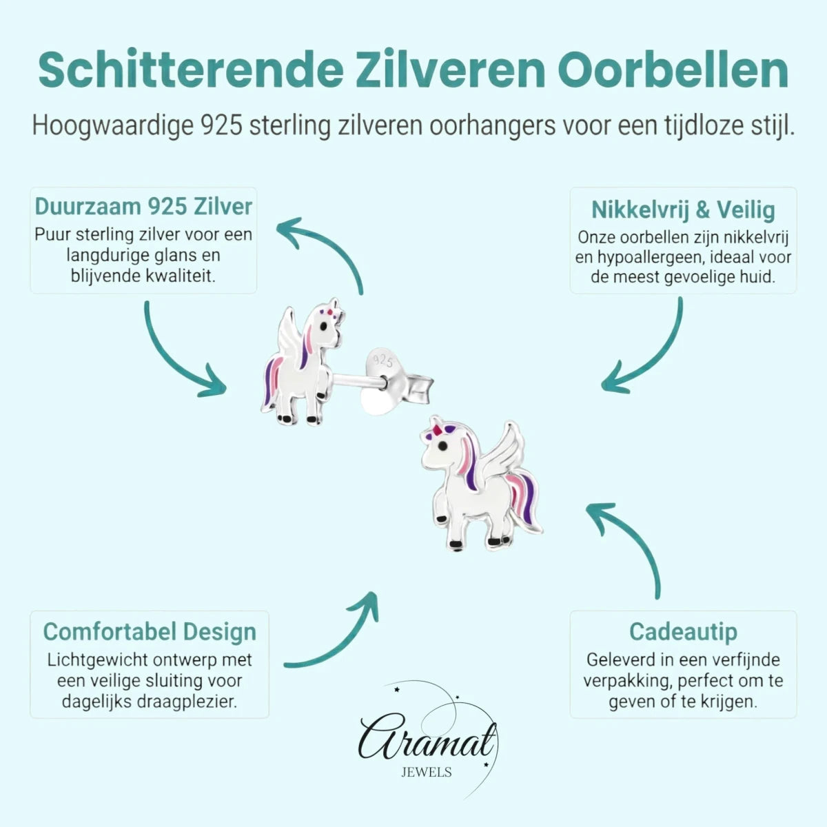 Zilveren Eenhoorn Oorbellen - Trendy Geschenk Meisje -