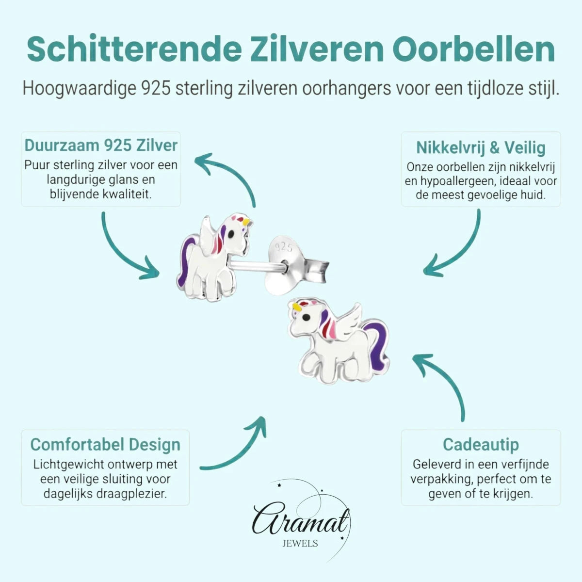 Zilveren Eenhoorn Oorbellen - Unicorn Oorstekers -