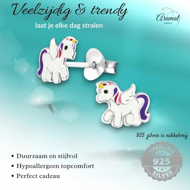 Zilveren Eenhoorn Oorbellen - Unicorn Oorstekers -