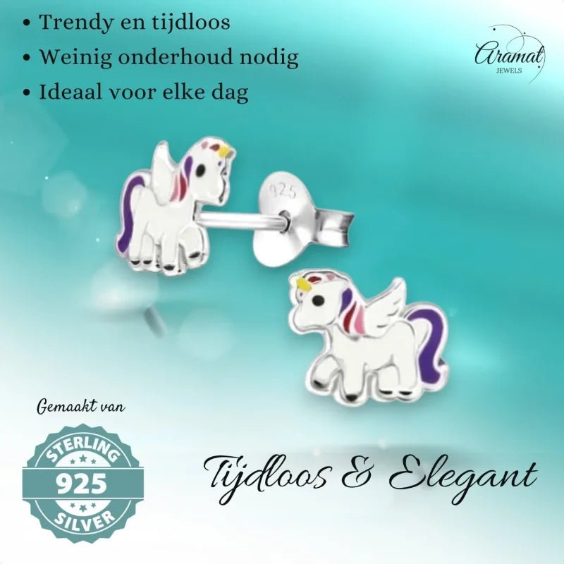 Zilveren Eenhoorn Oorbellen - Unicorn Oorstekers -