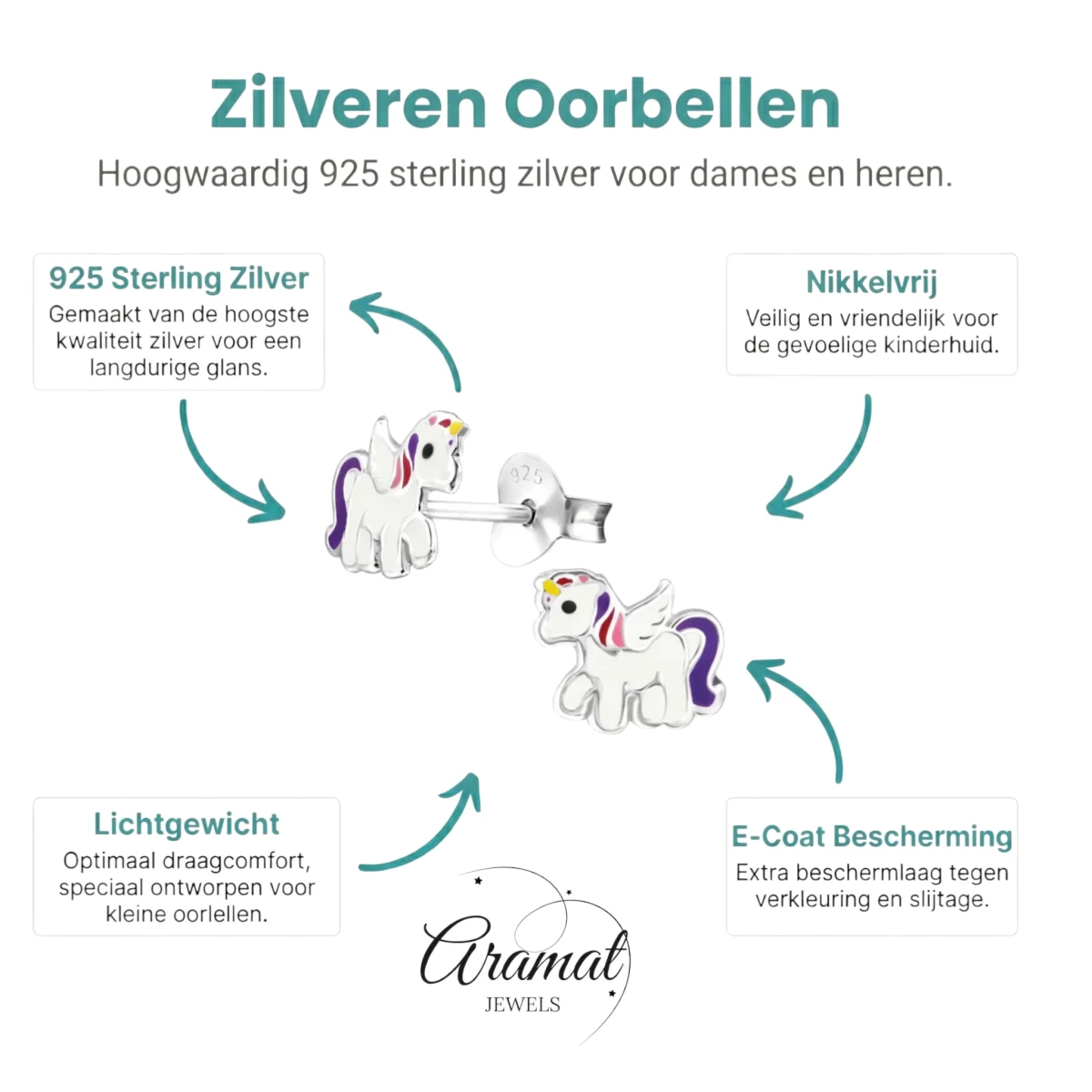 Zilveren Eenhoorn Oorbellen - Unicorn Oorstekers -