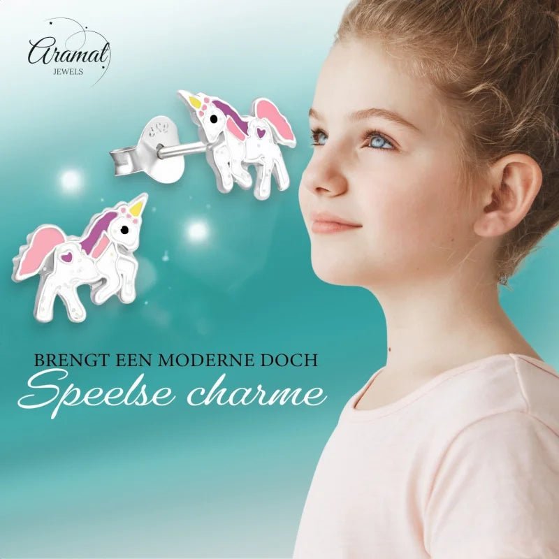 Zilveren Eenhoorn Oorbellen - hip Cadeau Meisje -