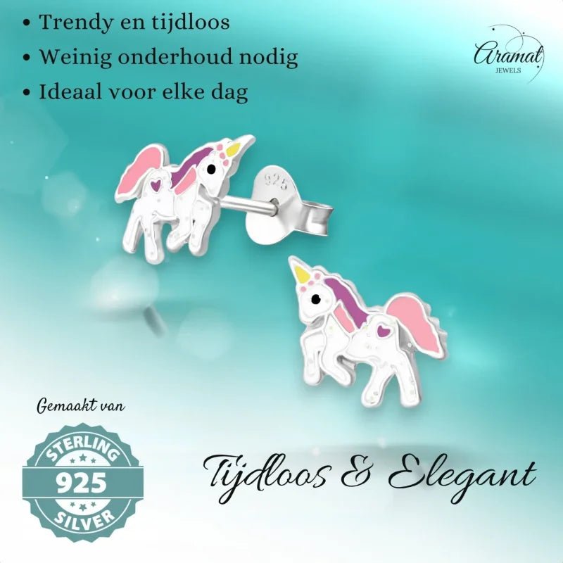 Zilveren Eenhoorn Oorbellen - hip Cadeau Meisje -