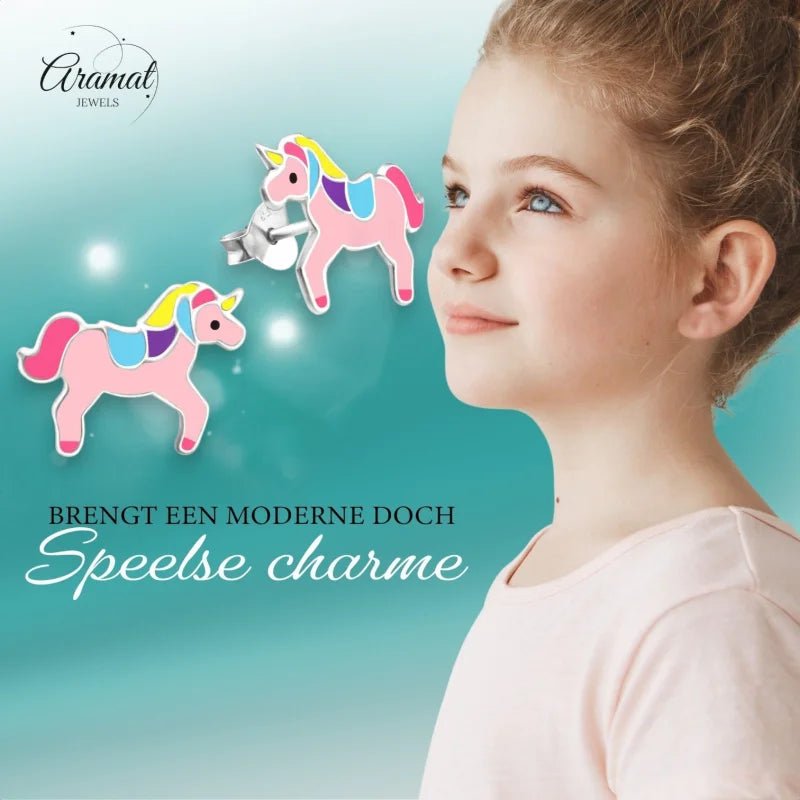 Zilveren Eenhoorn Oorbellen Roze- Cadeautje voor Meisje - Unisex