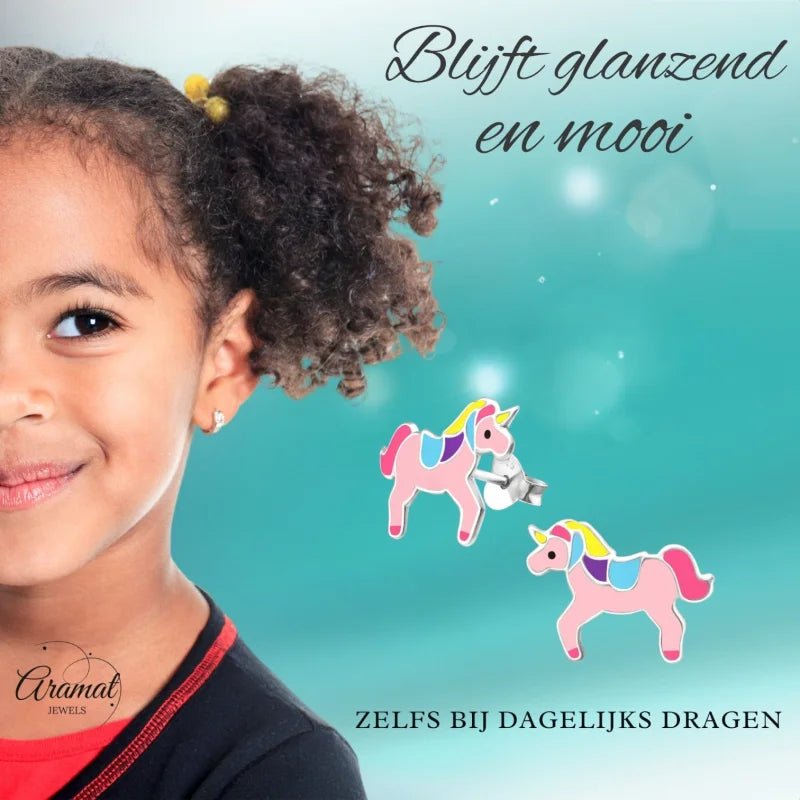Zilveren Eenhoorn Oorbellen Roze- Cadeautje voor Meisje - Unisex