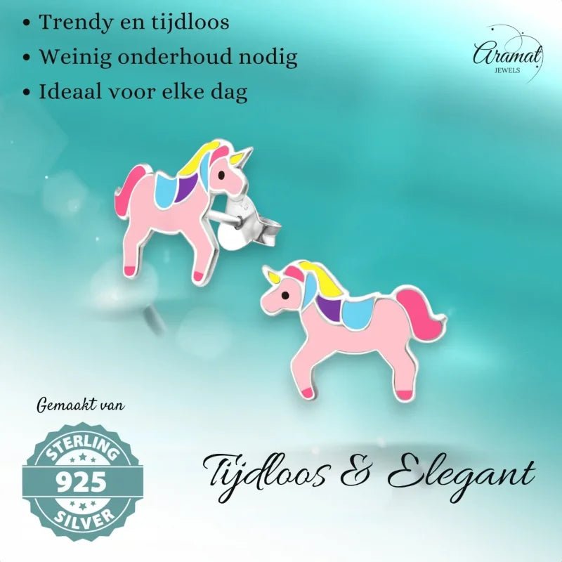 Zilveren Eenhoorn Oorbellen Roze- Cadeautje voor Meisje - Unisex