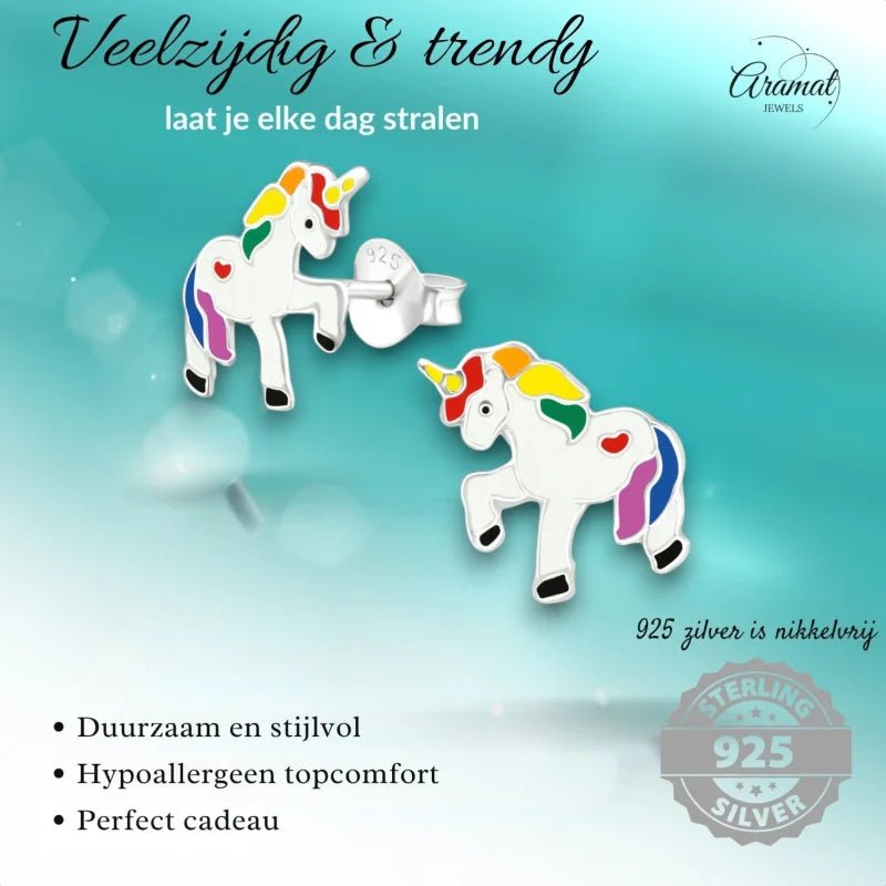 Vrolijke Zilveren Eenhoorn Oorbellen - Cadeau - Unisex