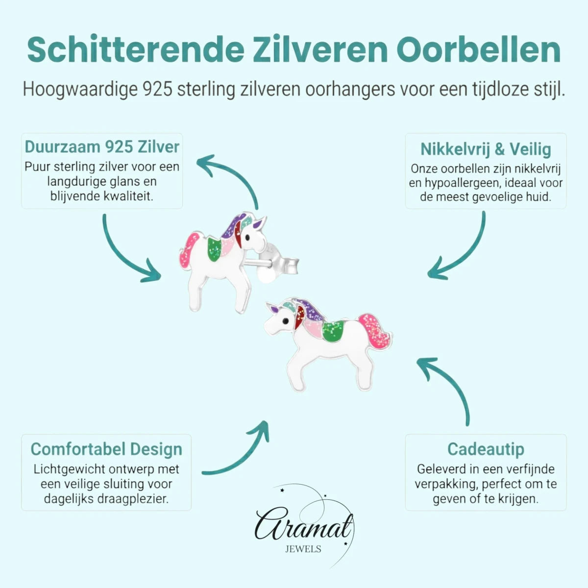 Zilveren Eenhoorn Oorbellen - Cadeau voor Meisje -