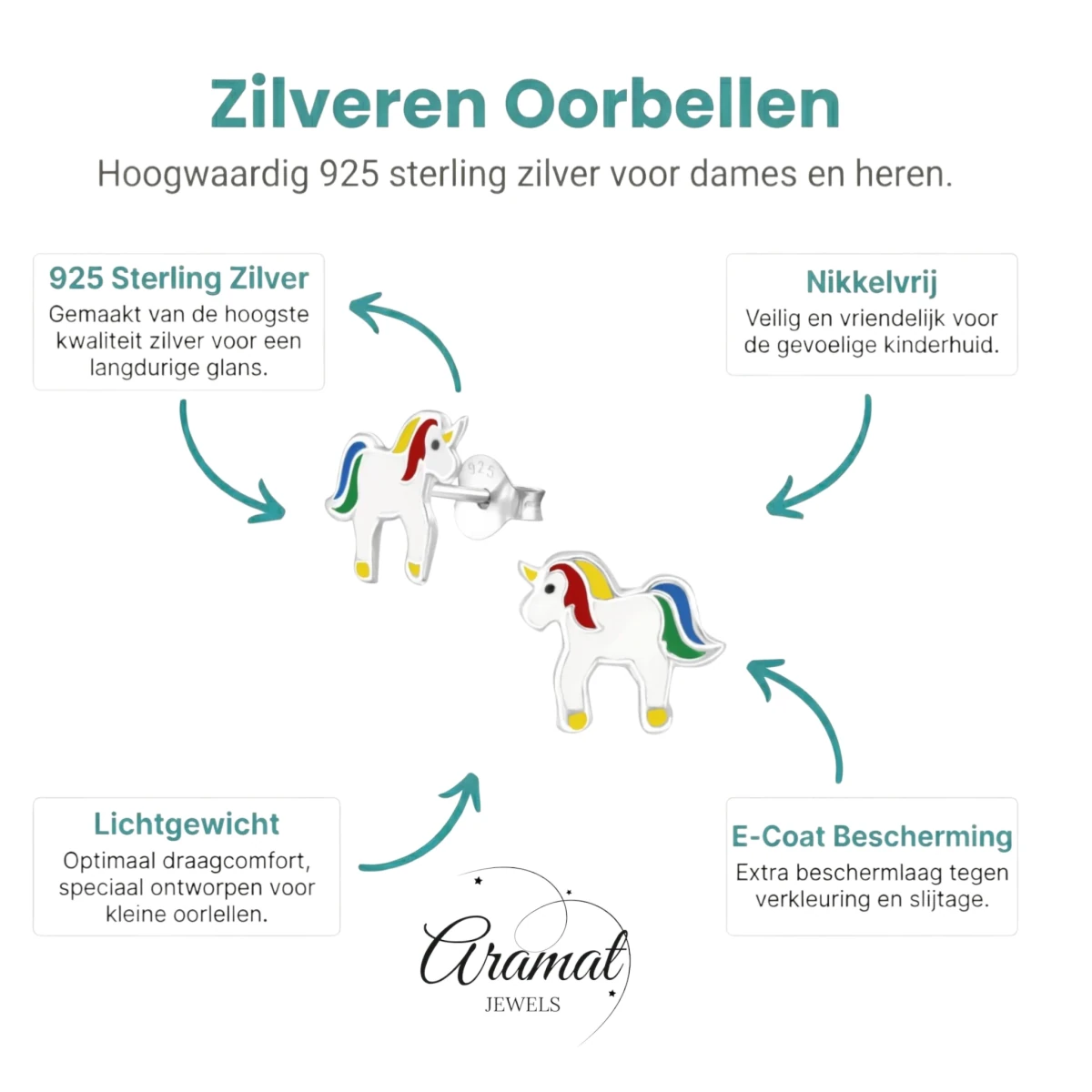 Zilveren Eenhoorn Oorbellen voor Meisje - 9x10mm - Emaille -
