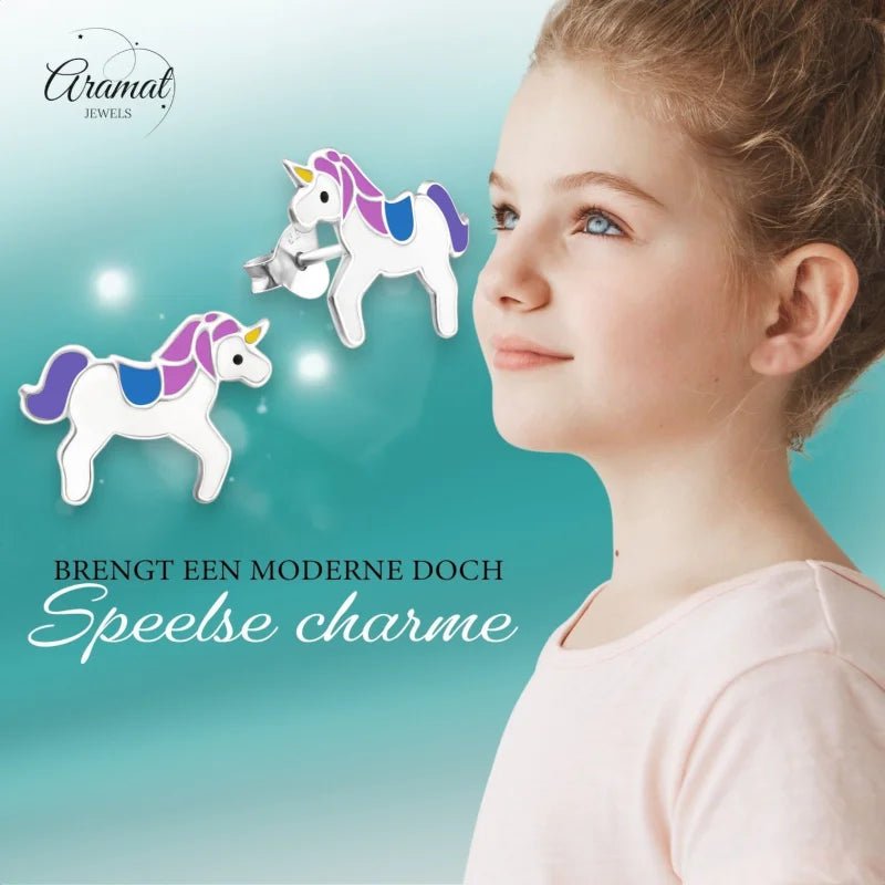 Zilveren Eenhoorn Oorbellen - Unicorn - 11x15mm -