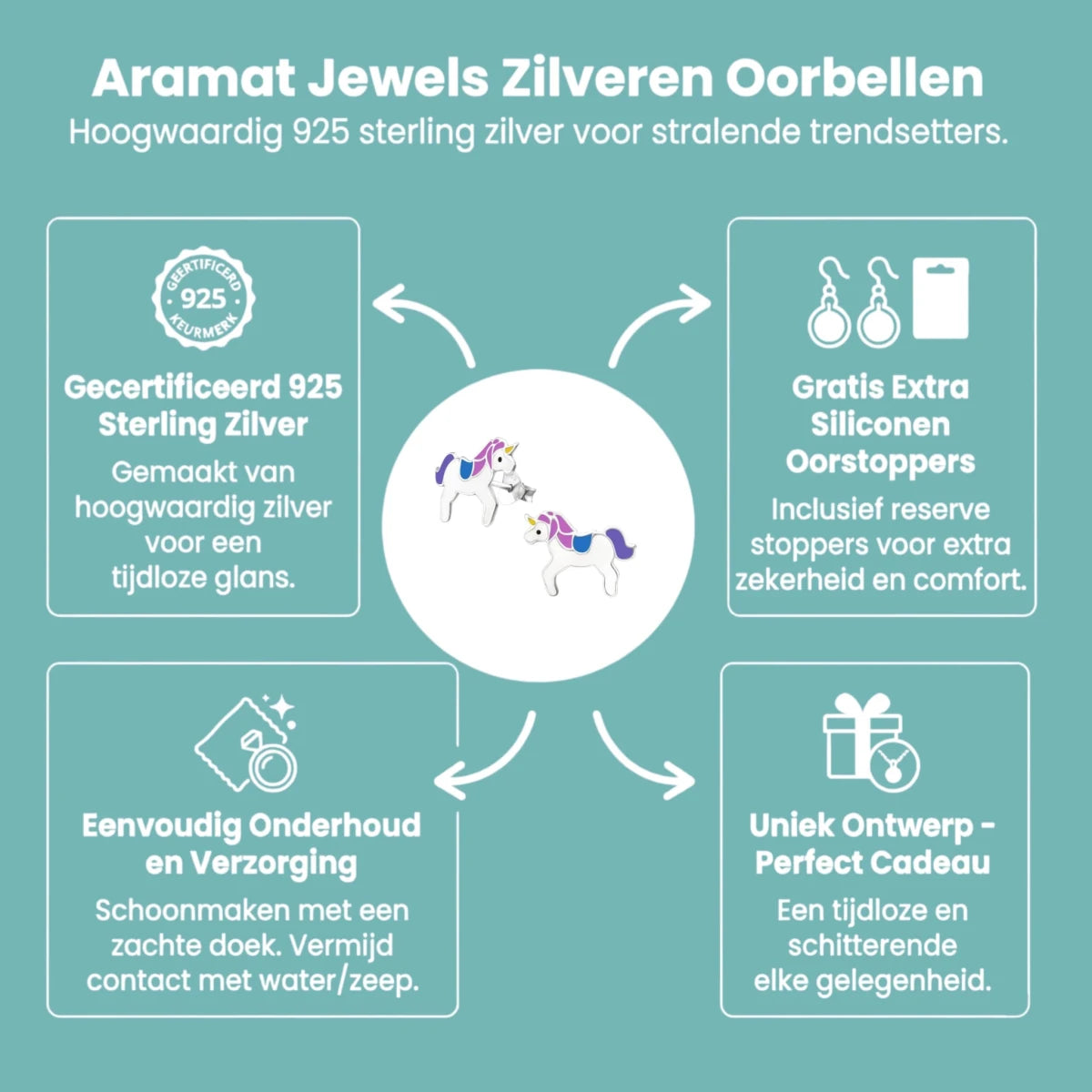 Zilveren Eenhoorn Oorbellen - Unicorn - 11x15mm -