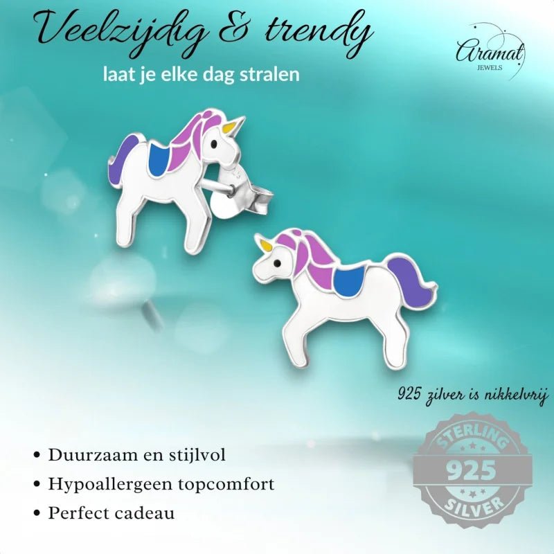 Zilveren Eenhoorn Oorbellen - Unicorn - 11x15mm -