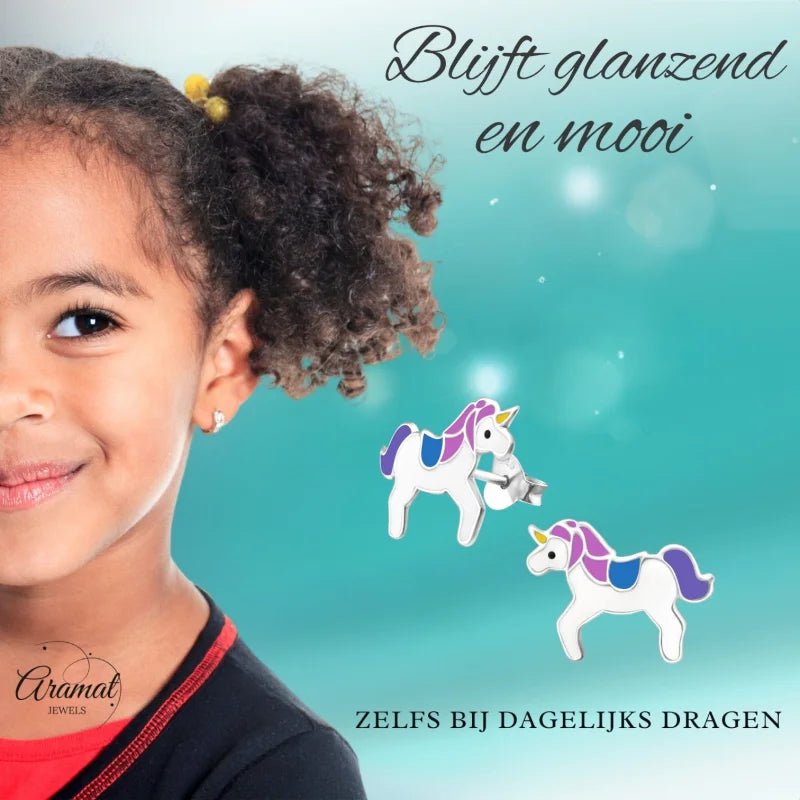 Zilveren Eenhoorn Oorbellen - Unicorn - 11x15mm -