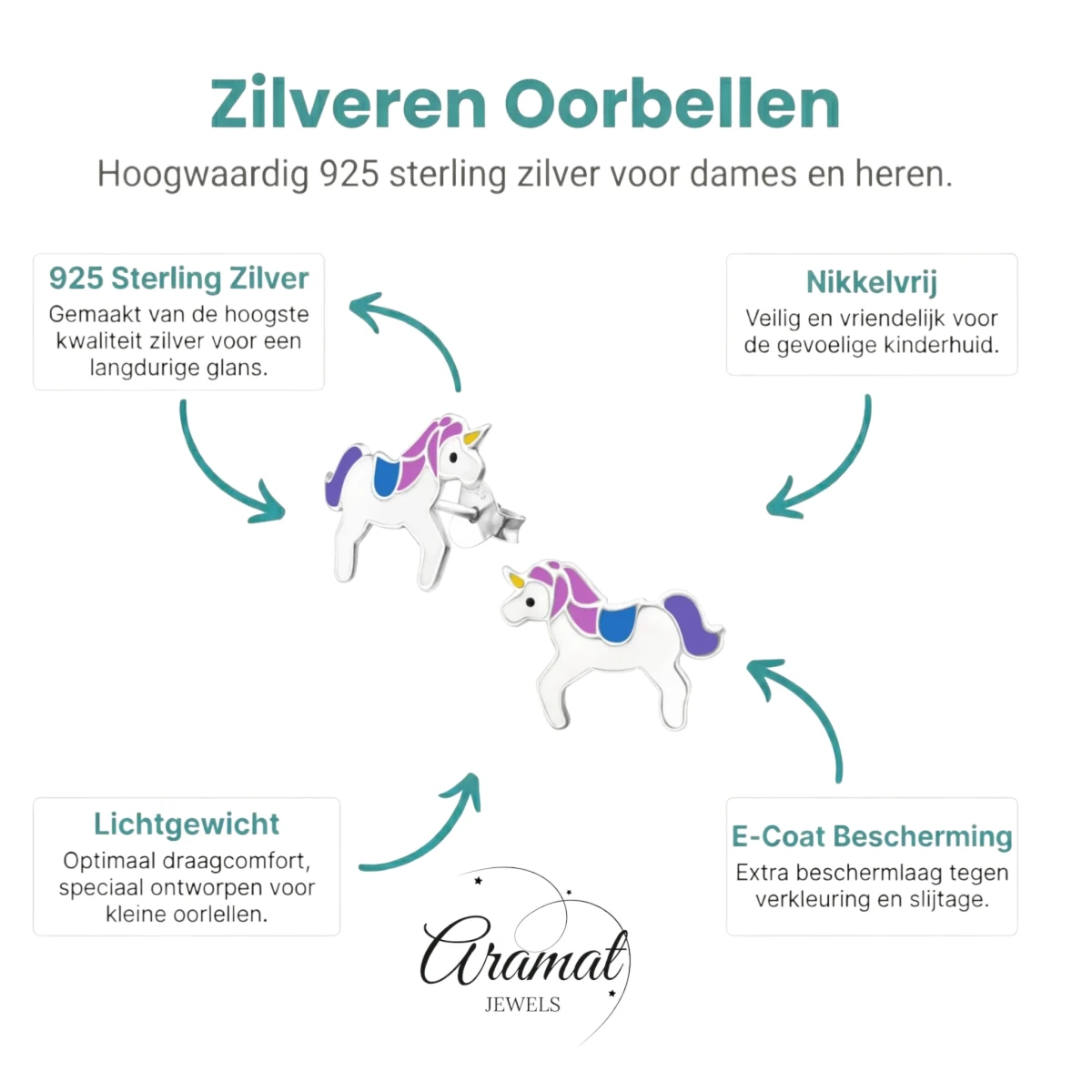Zilveren Eenhoorn Oorbellen - Unicorn - 11x15mm -