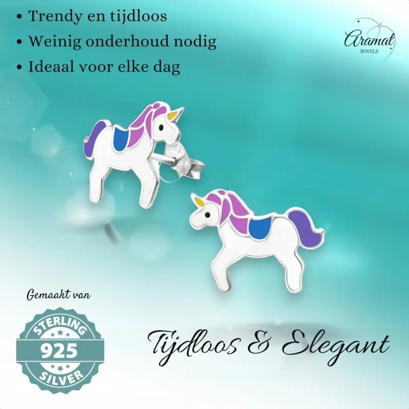 Zilveren Eenhoorn Oorbellen - Unicorn - 11x15mm -