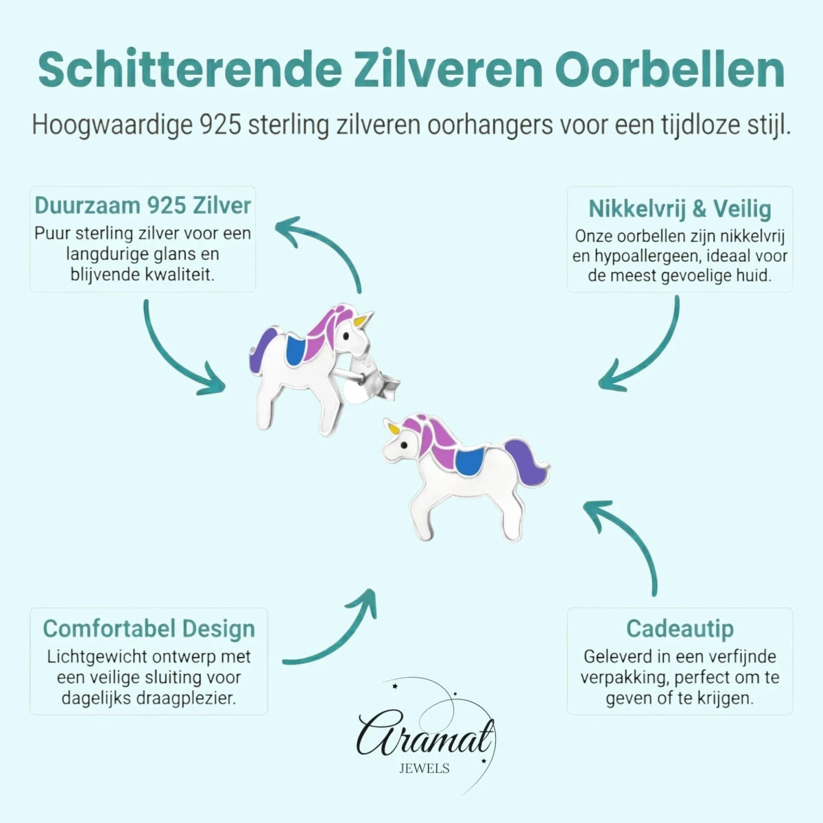 Zilveren Eenhoorn Oorbellen - Unicorn - 11x15mm -