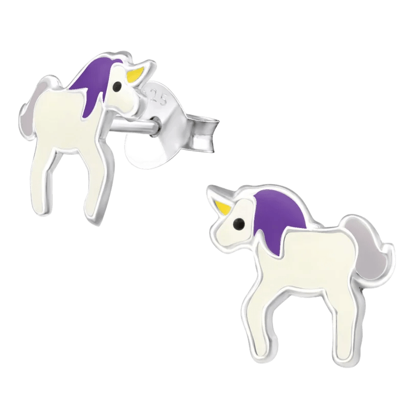 Zilveren Eenhoorn Oorbellen - Unicorn - 9mm - wit - paars -