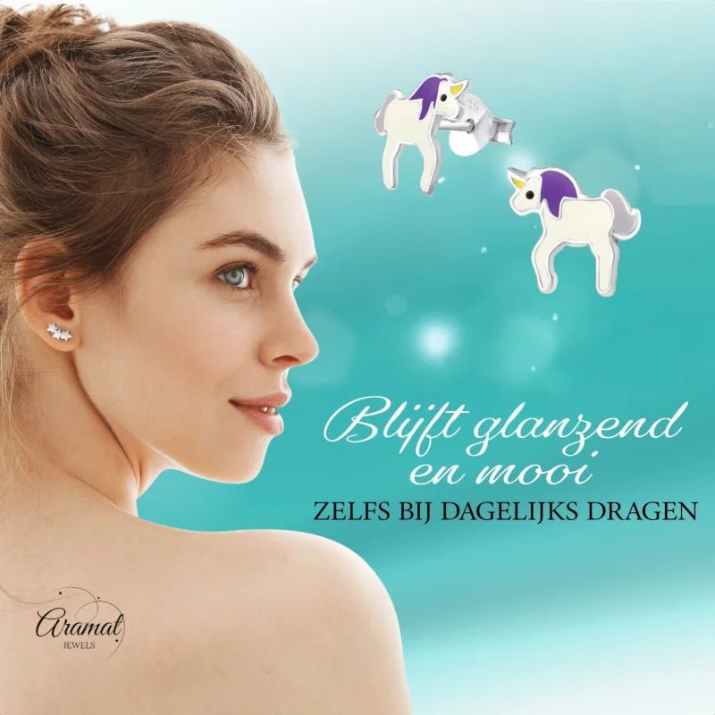Zilveren Eenhoorn Oorbellen - Unicorn - 9mm - wit - paars -