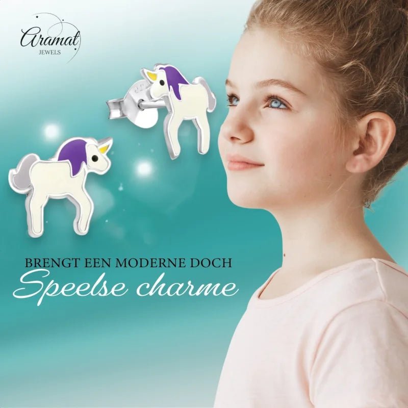 Zilveren Eenhoorn Oorbellen - Unicorn - 9mm - wit - paars -