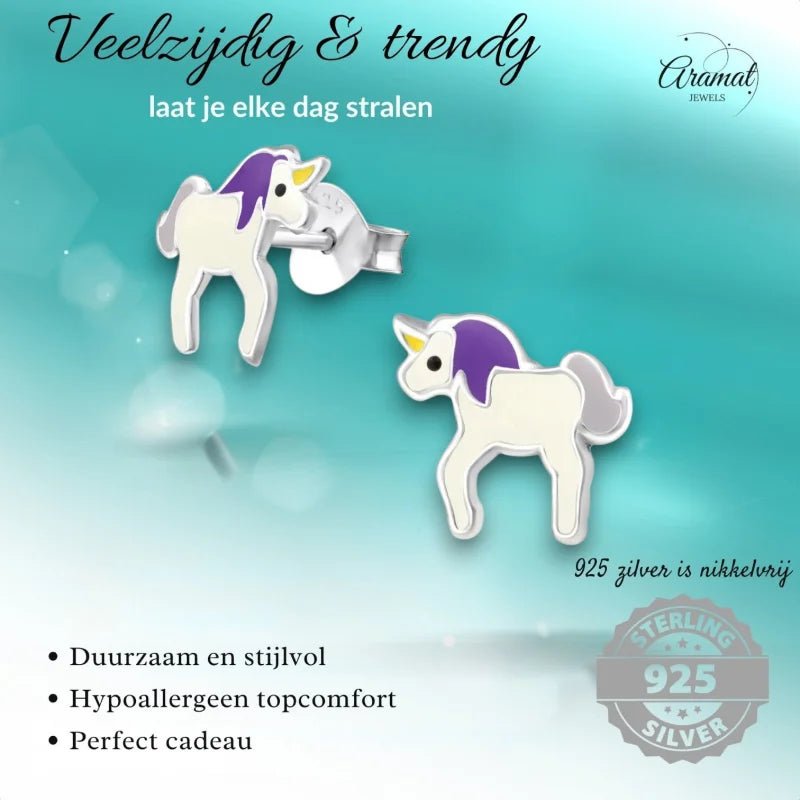 Zilveren Eenhoorn Oorbellen - Unicorn - 9mm - wit - paars -