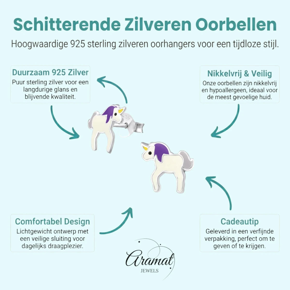 Zilveren Eenhoorn Oorbellen - Unicorn - 9mm - wit - paars -
