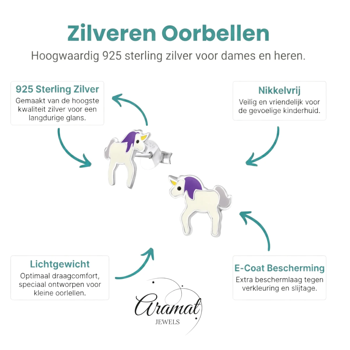 Zilveren Eenhoorn Oorbellen - Unicorn - 9mm - wit - paars -
