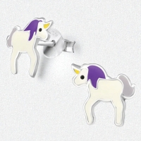 Zilveren Eenhoorn Oorbellen - Unicorn - 9mm - wit - paars -
