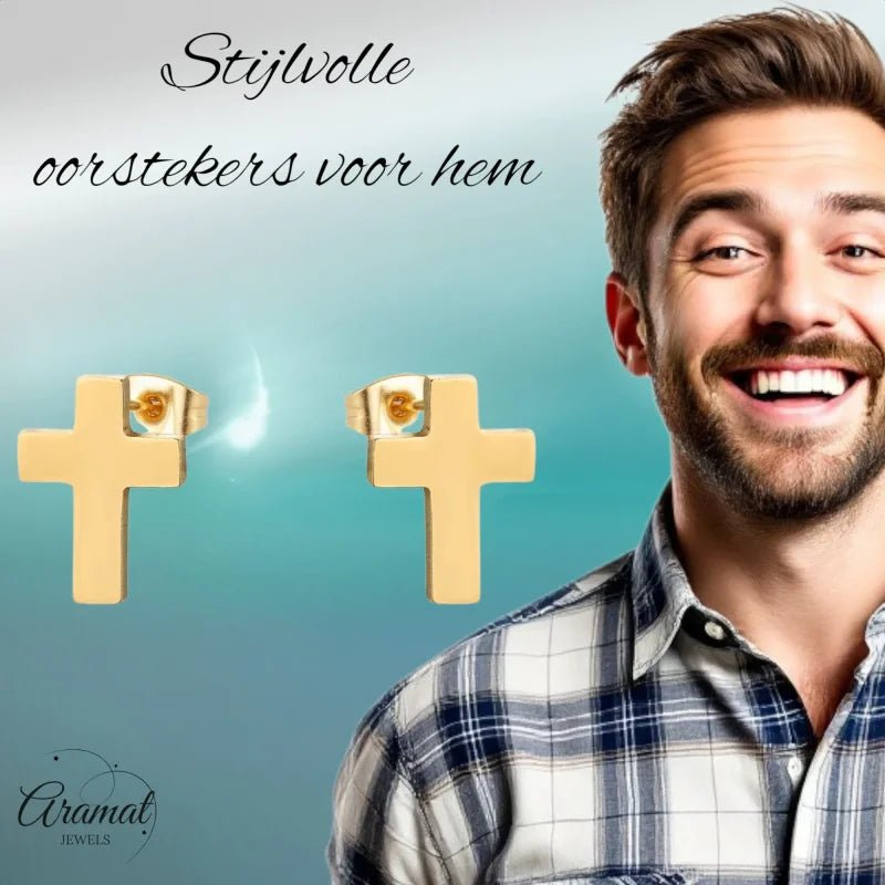 Stalen Kruisjes Oorbellen - Goudkleur - 9x7mm -