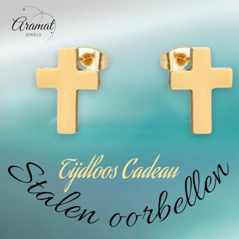 Stalen Kruisjes Oorbellen - Goudkleur - 9x7mm -
