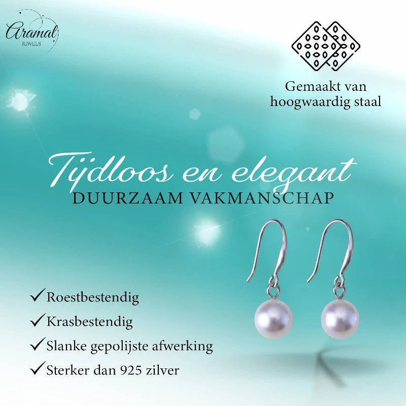 Stalen Oorhangers witte parel 8mm -