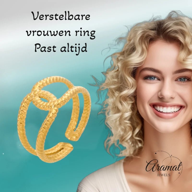 Stalen verstelbare ring -knoop met  motief - Goudkleur -